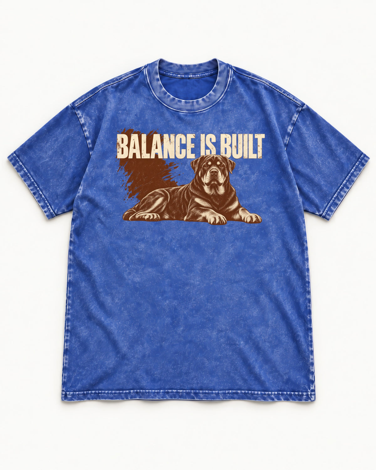 Rottweiler Balance Is Built Resting Strength Graphic Washed Tee in Royal Blue, flat lay product photo