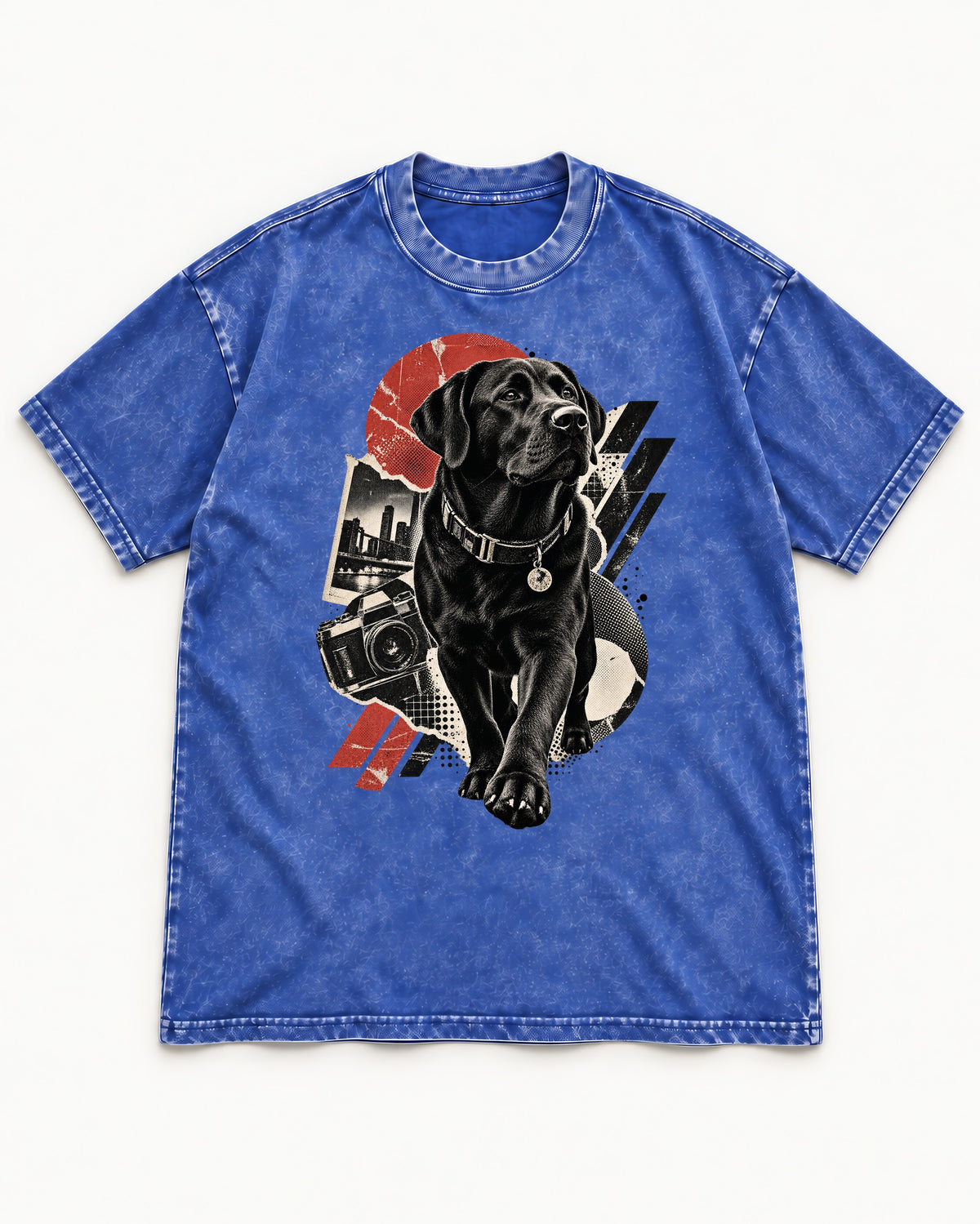 Labrador Retriever Camera City Halftone Collage Graphic Washed Tee in Royal Blue, flat lay product photo