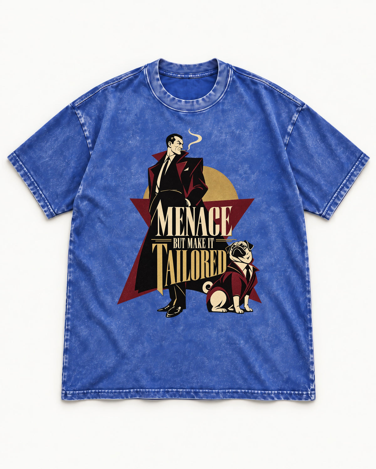 Pug Menace But Make It Tailored Graphic Washed Tee in Royal Blue, flat lay product photo