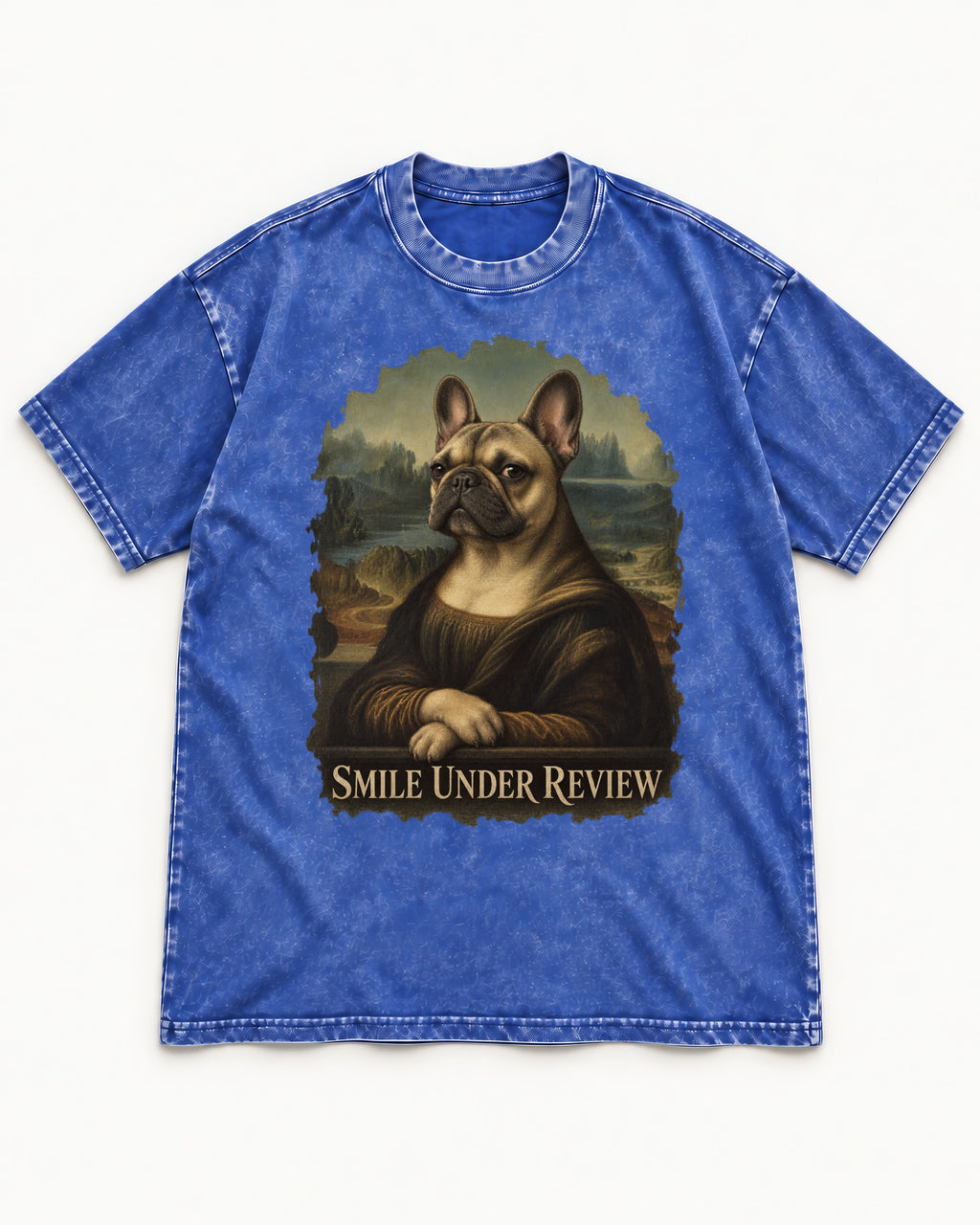 Frenchie Smile Under Review Renaissance Portrait Washed Tee in Royal Blue, flat lay product photo