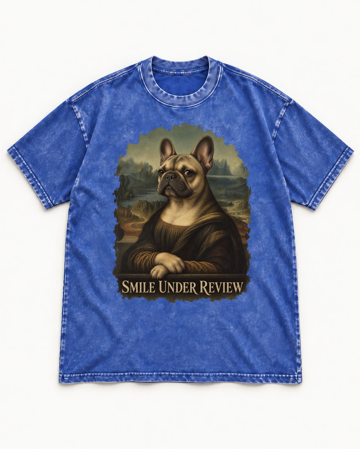 Frenchie Smile Under Review Renaissance Portrait Washed Tee in Royal Blue, flat lay product photo