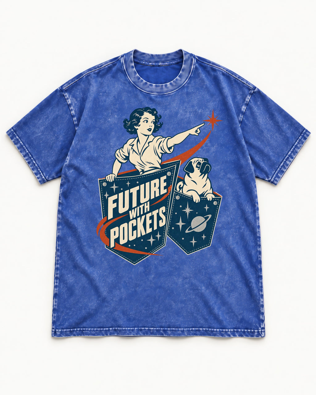 Pug Future with Pockets Space Pocket Graphic Washed Tee in Royal Blue, flat lay product photo