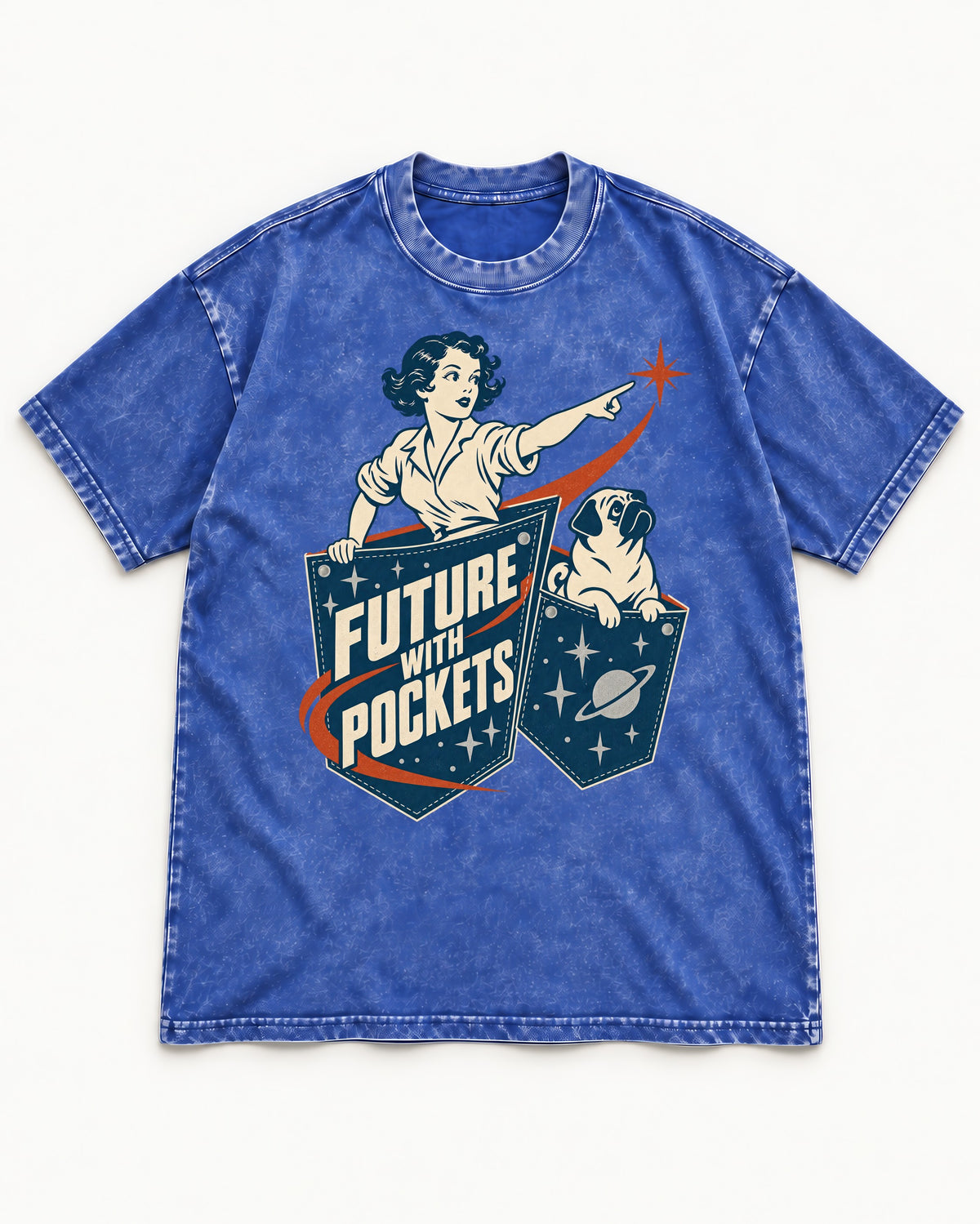 Pug Future with Pockets Space Pocket Graphic Washed Tee in Royal Blue, flat lay product photo