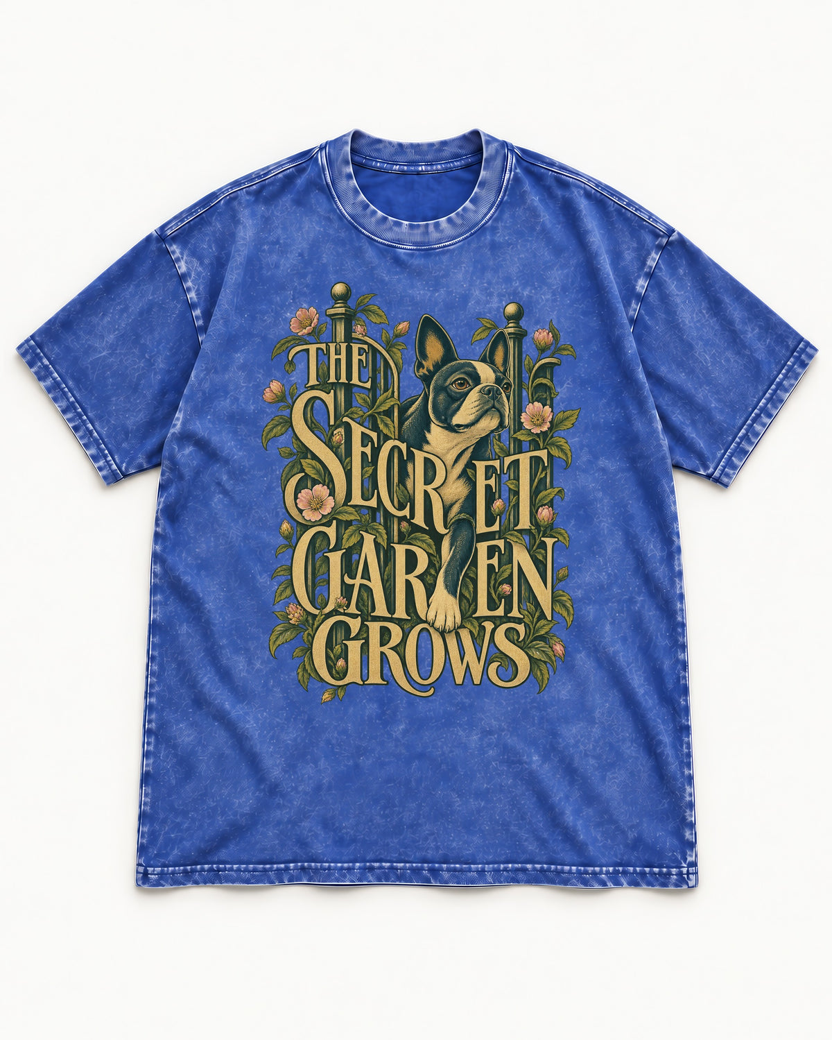 The Secret Garden Grows Boston Terrier Washed Tee in Royal Blue, flat lay product photo