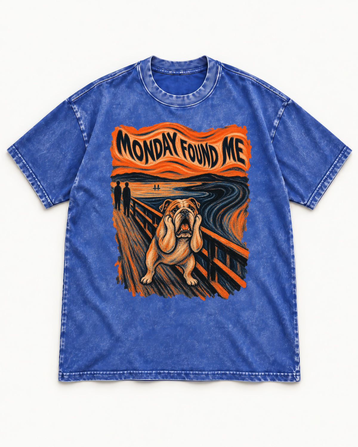 English Bulldog Monday Found Me Scream Graphic Washed Tee in Royal Blue, flat lay product photo