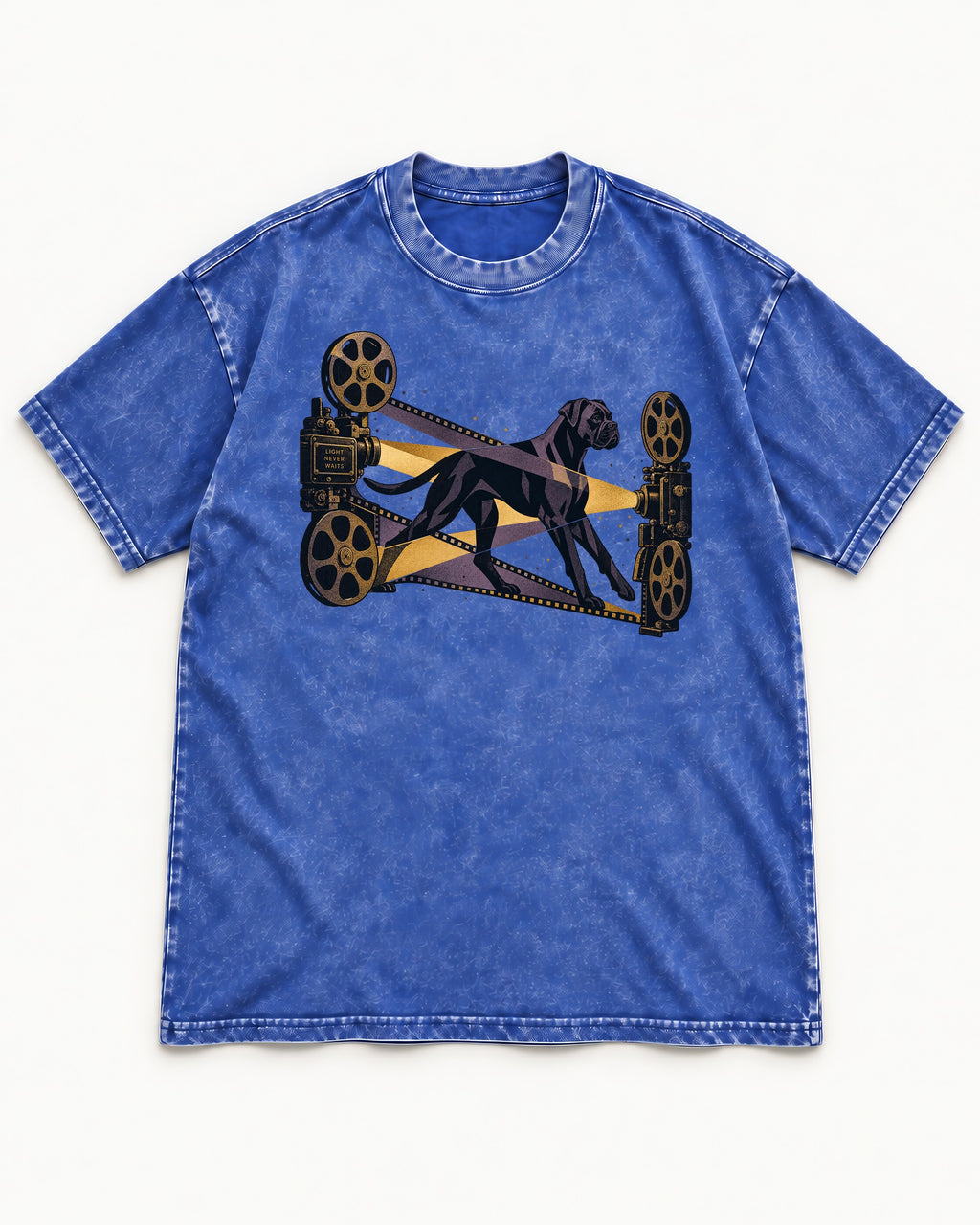 Light Never Waits Boxer Cinema Graphic Washed Tee in Royal Blue, flat lay product photo