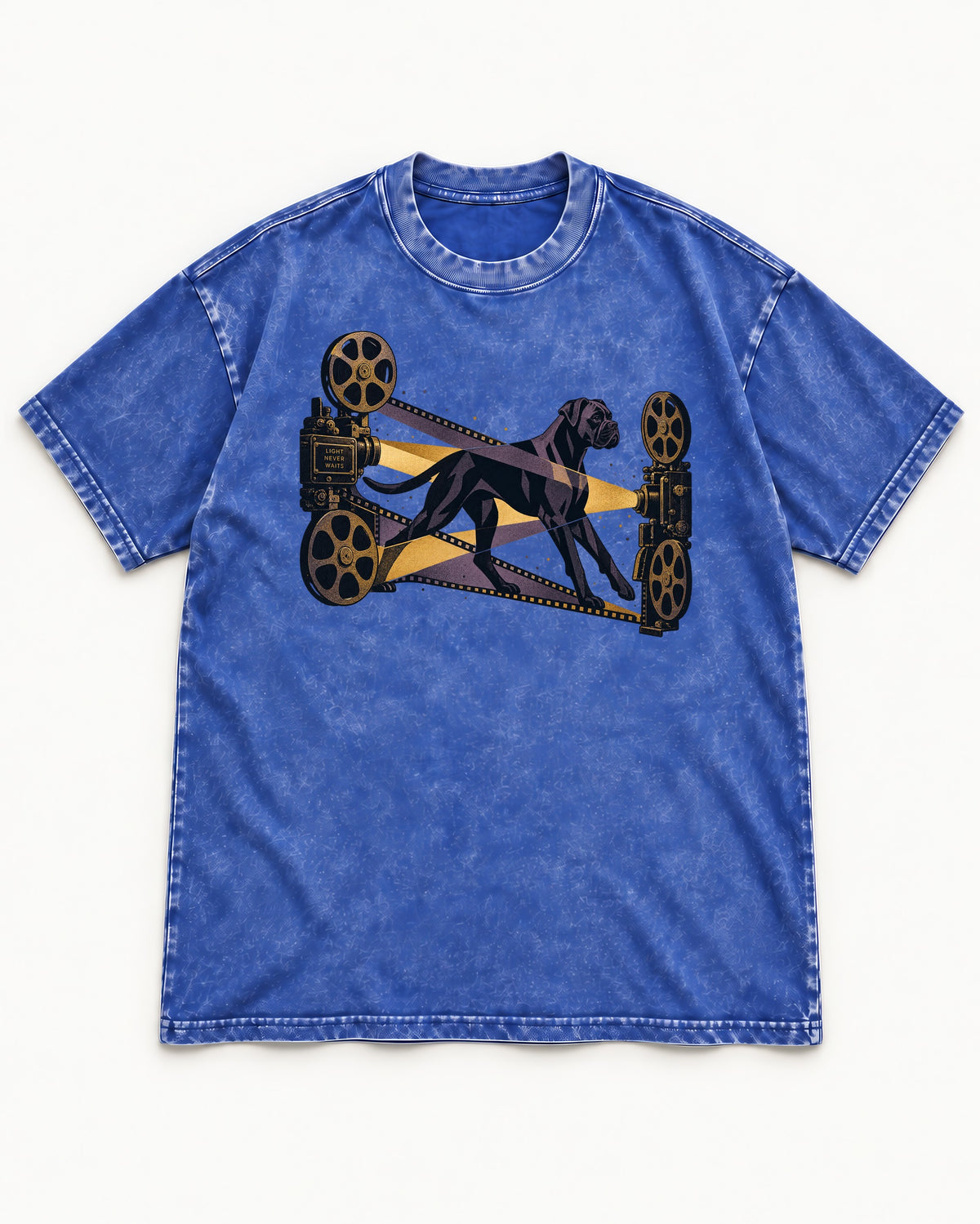 Light Never Waits Boxer Cinema Graphic Washed Tee in Royal Blue, flat lay product photo