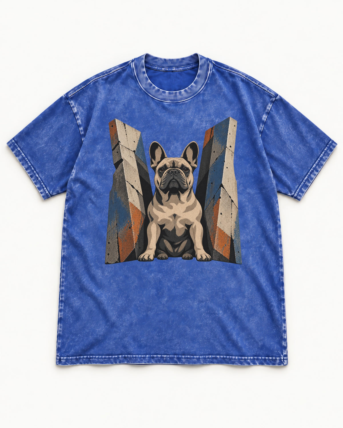 Frenchie Concrete Diplomat Barrier Portrait Washed Tee in Royal Blue, flat lay product photo