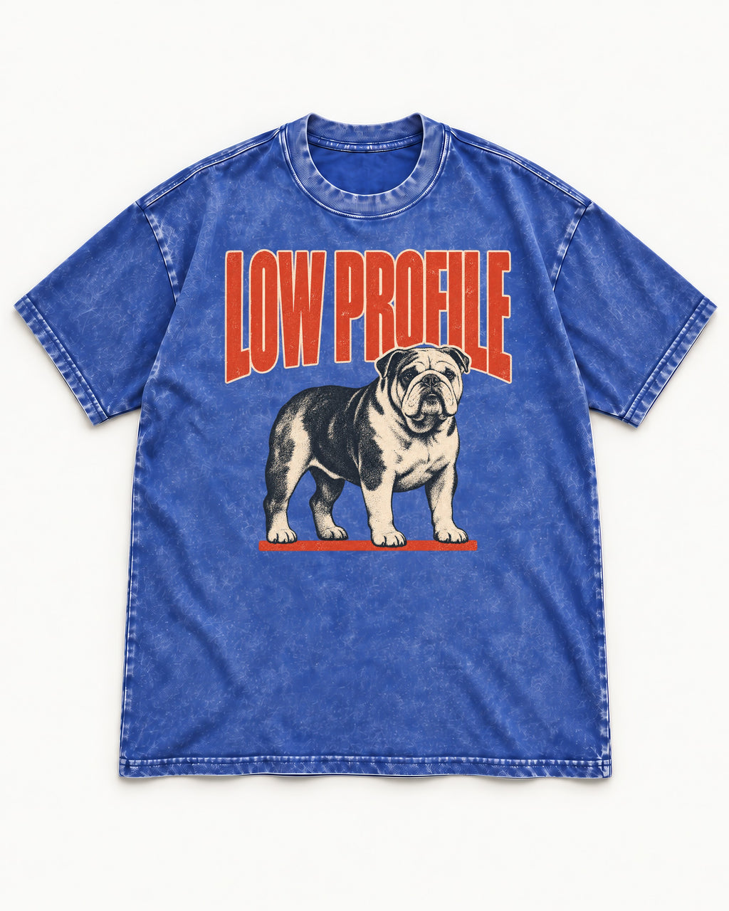 English Bulldog Low Profile Standing Graphic Washed Tee in Royal Blue, flat lay product photo