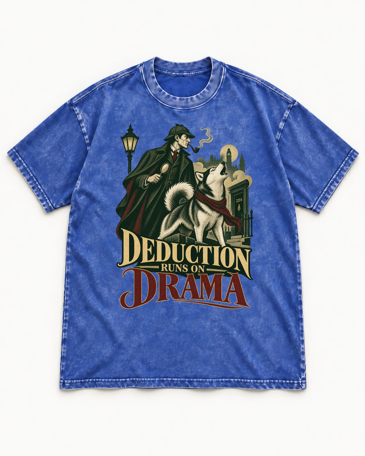 Husky Deduction Runs on Drama Detective Graphic Washed Tee in Royal Blue, flat lay product photo