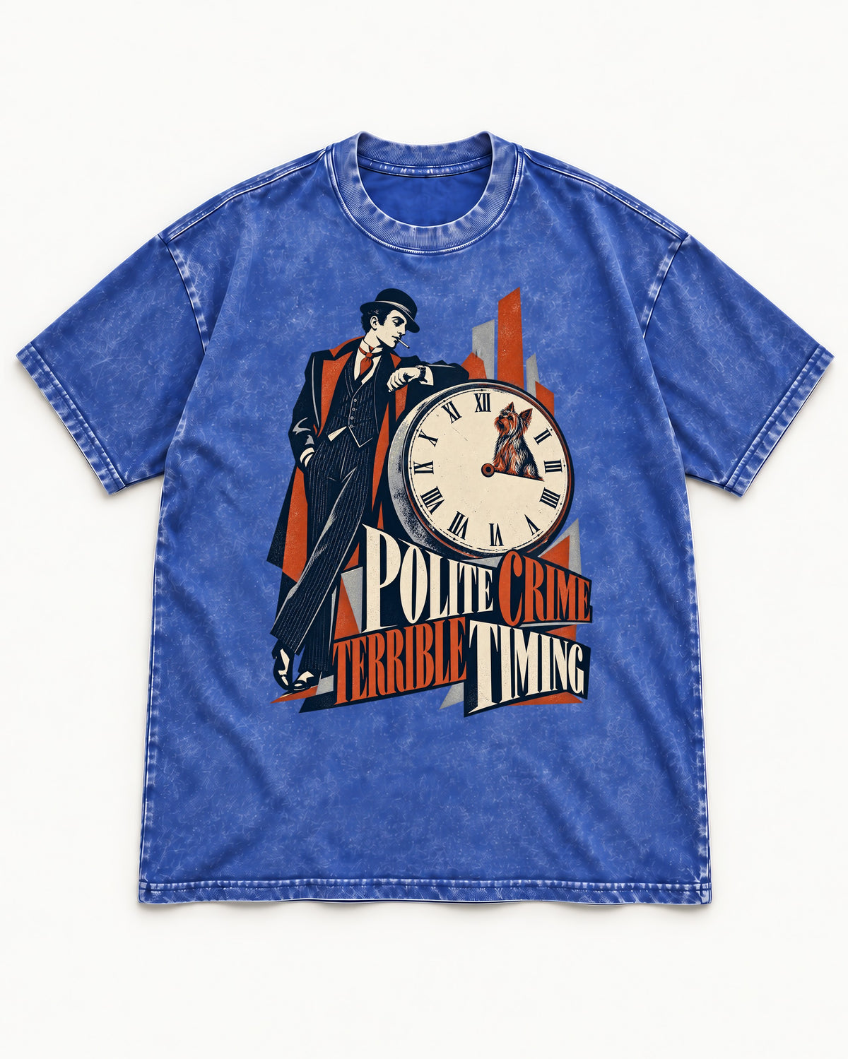 Yorkshire Terrier Polite Crime Terrible Timing Art Deco Clock Graphic Washed Tee in Royal Blue, flat lay product photo