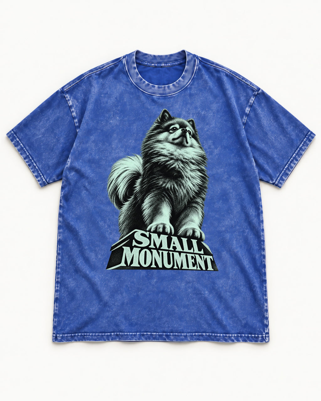 Pomeranian Small Monument Pedestal Graphic Washed Tee in Royal Blue, flat lay product photo