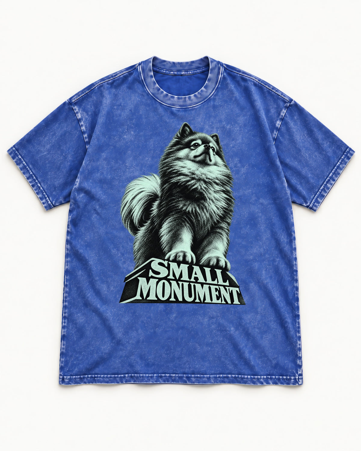 Pomeranian Small Monument Pedestal Graphic Washed Tee in Royal Blue, flat lay product photo