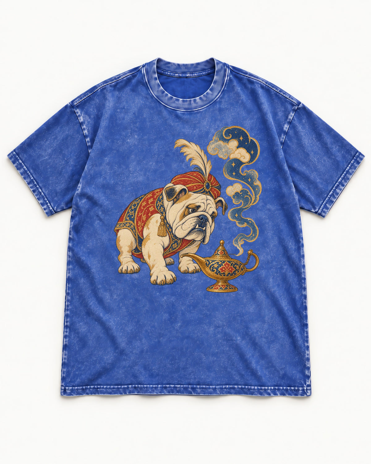 English Bulldog Magic Lamp Genie Graphic Washed Tee in Royal Blue, flat lay product photo