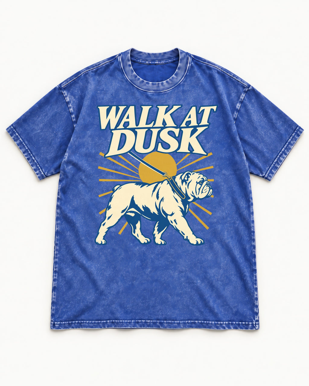 English Bulldog Walk at Dusk Sunset Graphic Washed Tee in Royal Blue, flat lay product photo