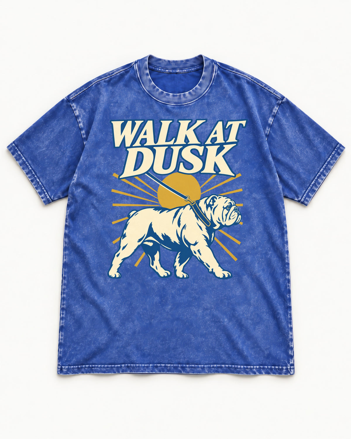 English Bulldog Walk at Dusk Sunset Graphic Washed Tee in Royal Blue, flat lay product photo
