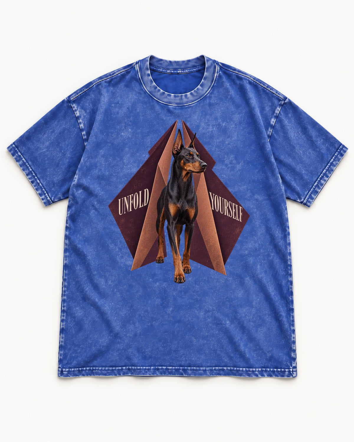 Doberman Unfold Yourself Geometric Portrait Graphic Washed Tee in Royal Blue, flat lay product photo