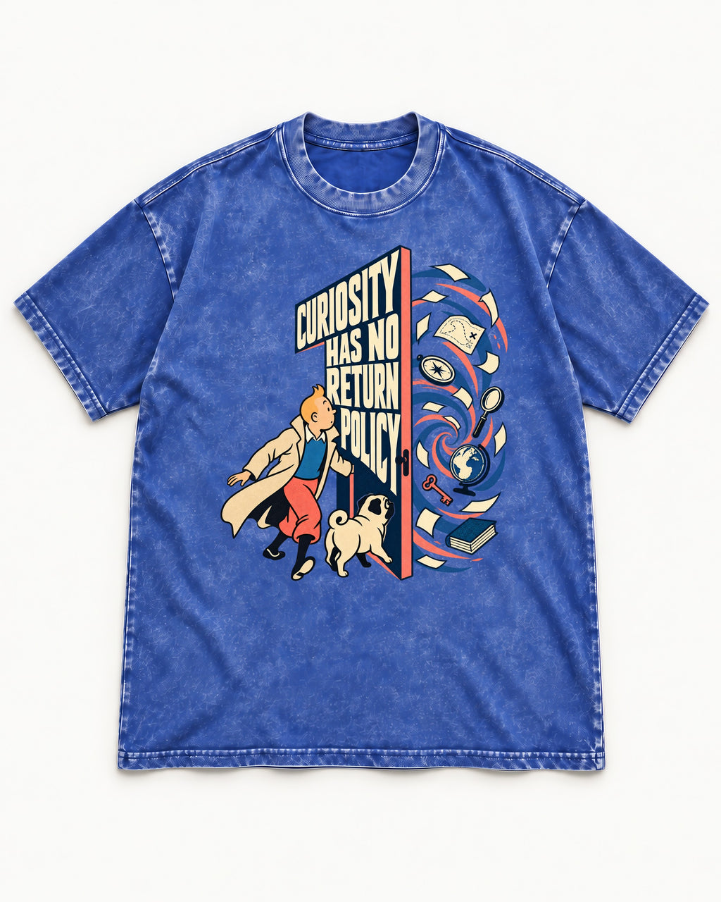 Pug Curiosity Has No Return Policy Portal Graphic Washed Tee in Royal Blue, flat lay product photo