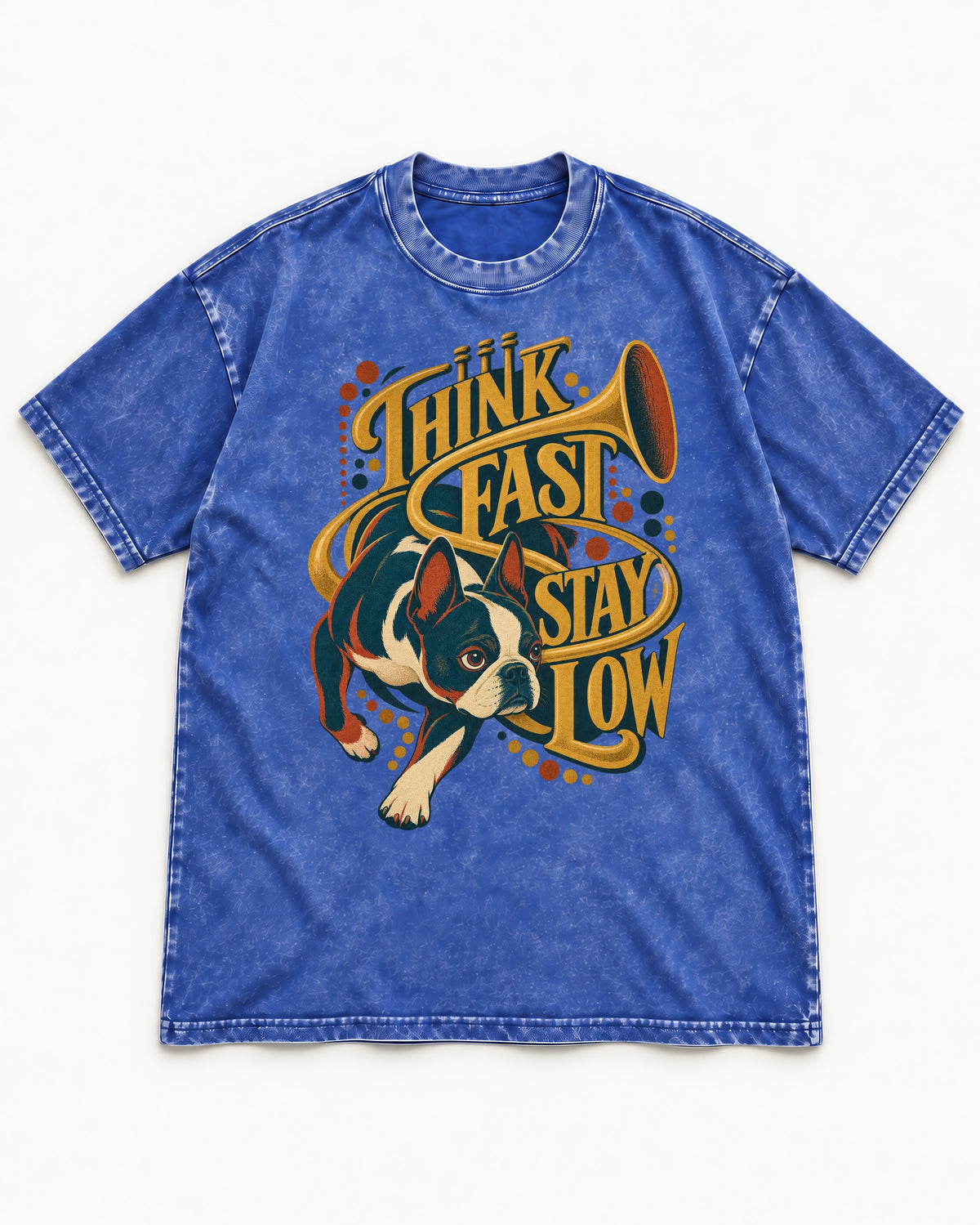 Boston Terrier Think Fast Stay Low Washed Tee in Royal Blue, flat lay product photo
