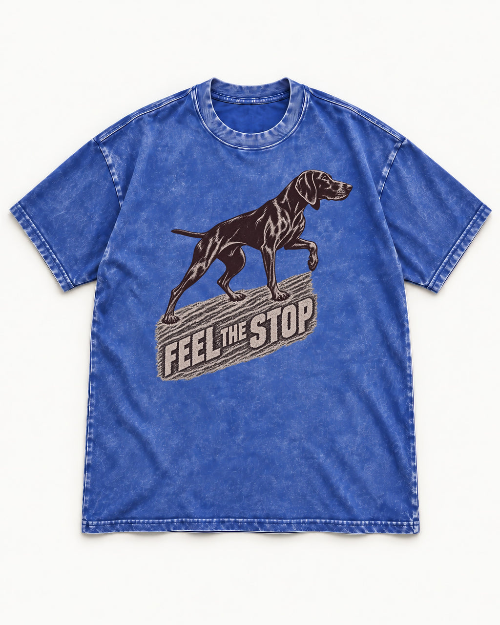 German Shorthaired Pointer Feel The Stop Frottage Graphic Washed Tee in Royal Blue, flat lay product photo