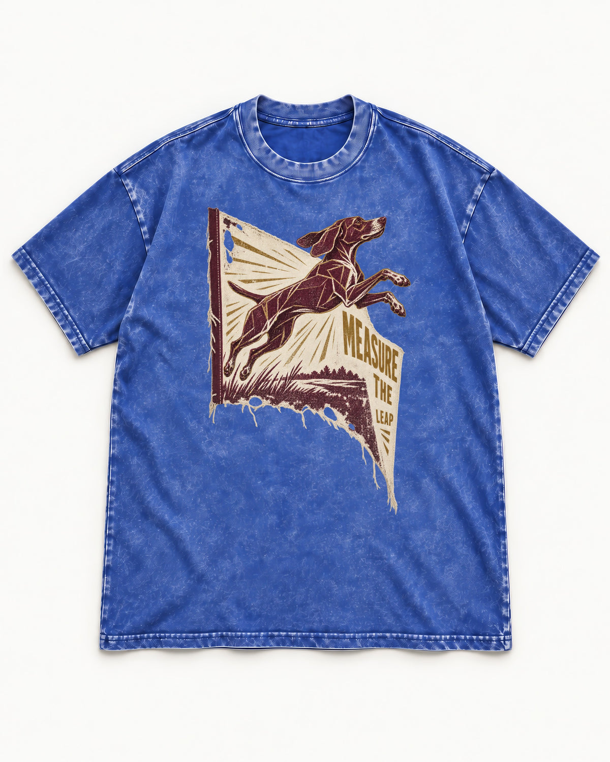 German Shorthaired Pointer Measure the Leap Torn Banner Graphic Washed Tee in Royal Blue, flat lay product photo