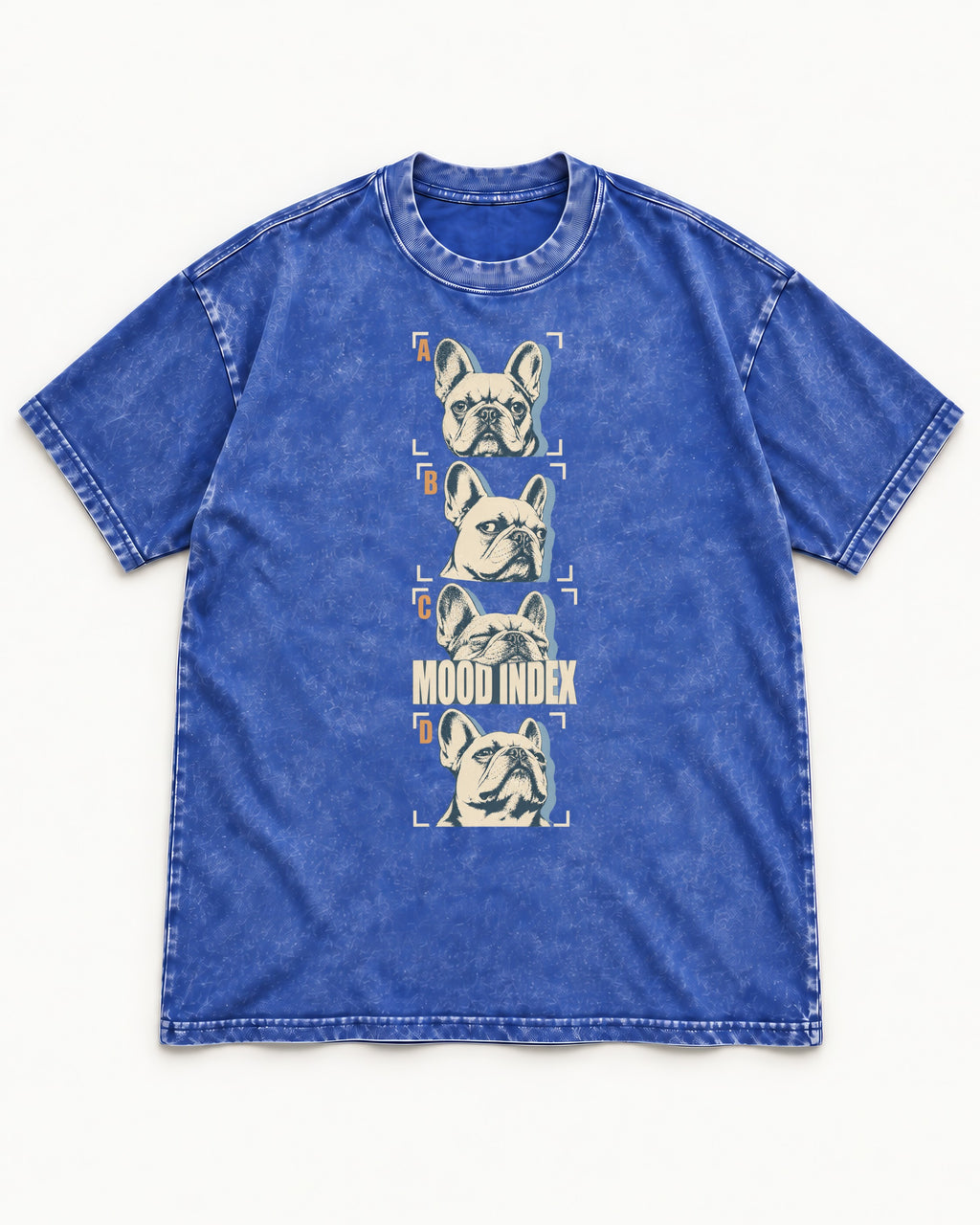 Frenchie Mood Index Four-Panel Strip Graphic Washed Tee in Royal Blue, flat lay product photo