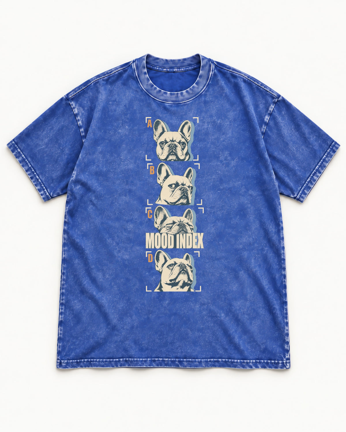 Frenchie Mood Index Four-Panel Strip Graphic Washed Tee in Royal Blue, flat lay product photo