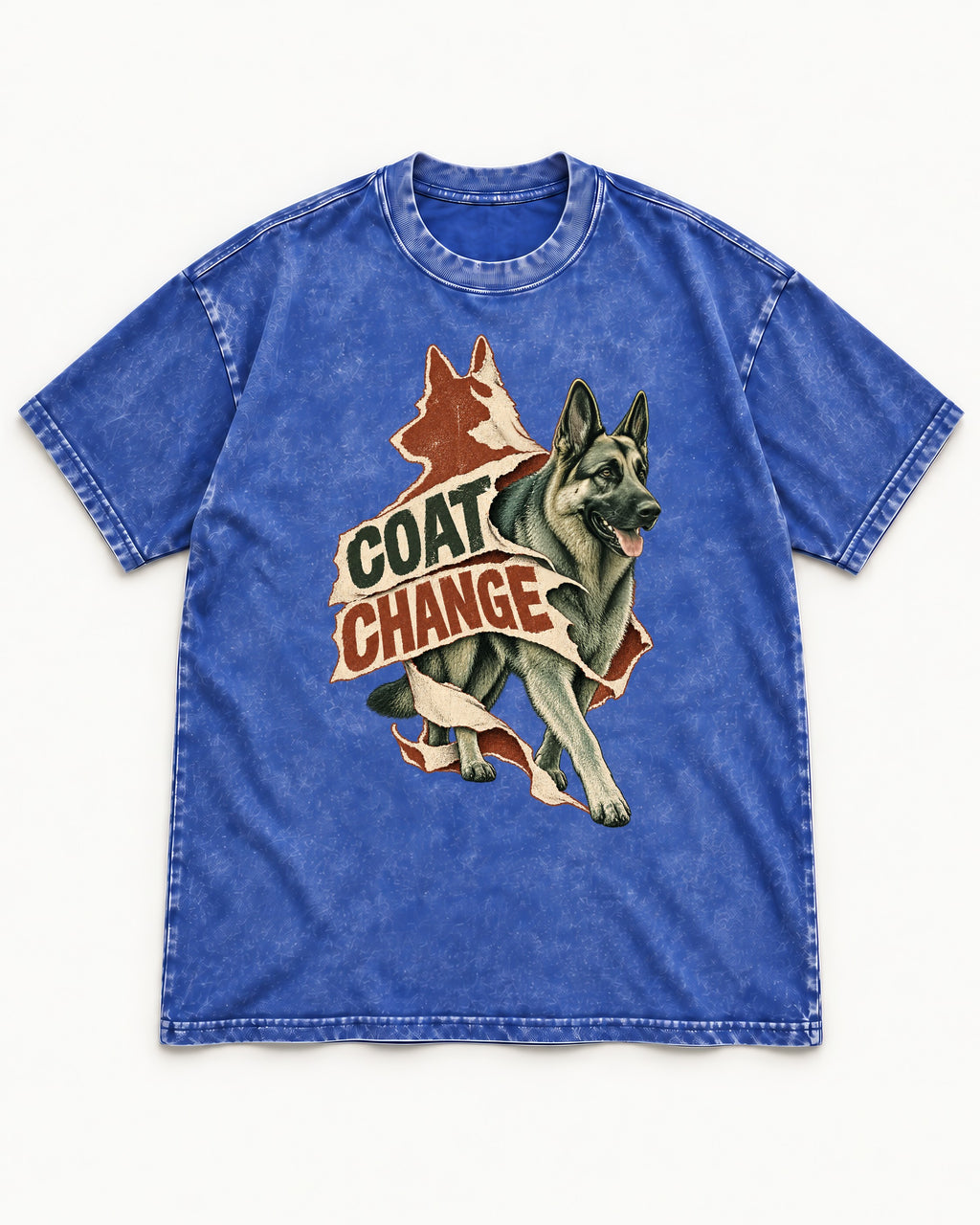 Coat Change Running German Shepherd Dog Ribbon Graphic Washed Tee in Royal Blue, flat lay product photo
