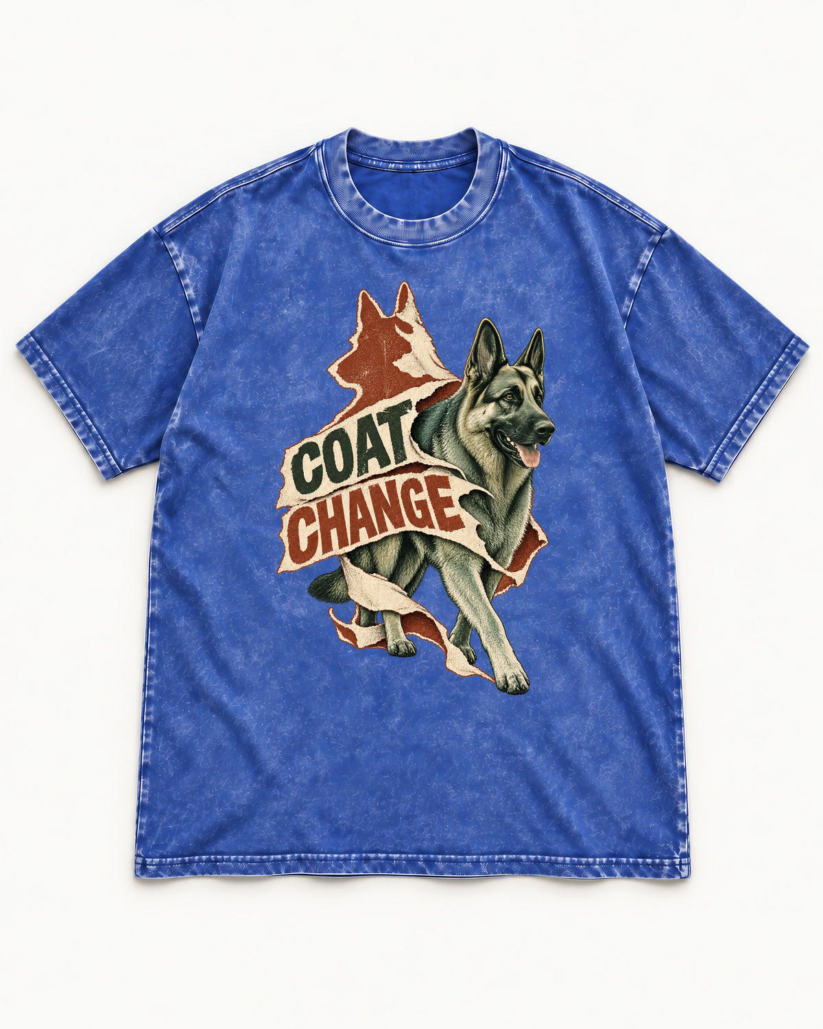 Coat Change Running German Shepherd Dog Ribbon Graphic Washed Tee in Royal Blue, flat lay product photo