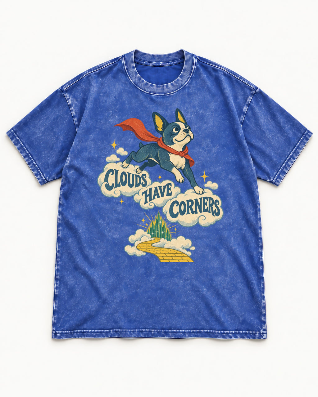 Clouds Have Corners Boston Terrier Washed Tee in Royal Blue, flat lay product photo
