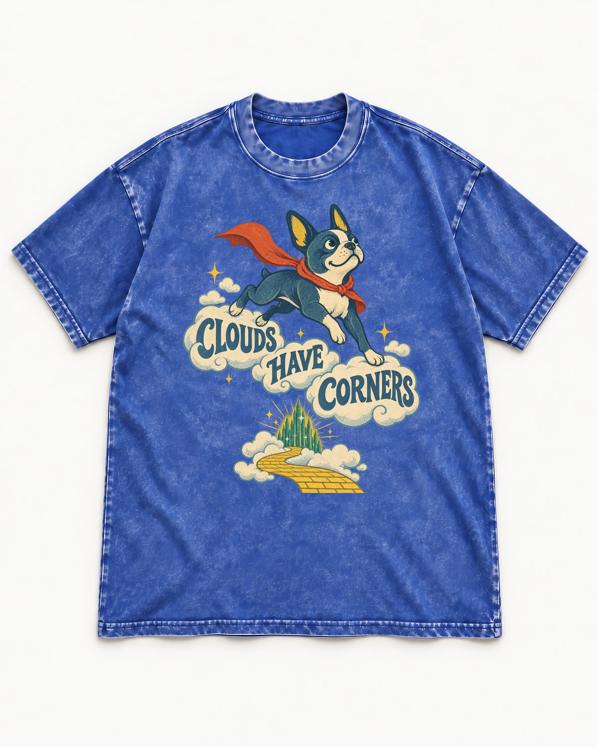 Clouds Have Corners Boston Terrier Washed Tee in Royal Blue, flat lay product photo