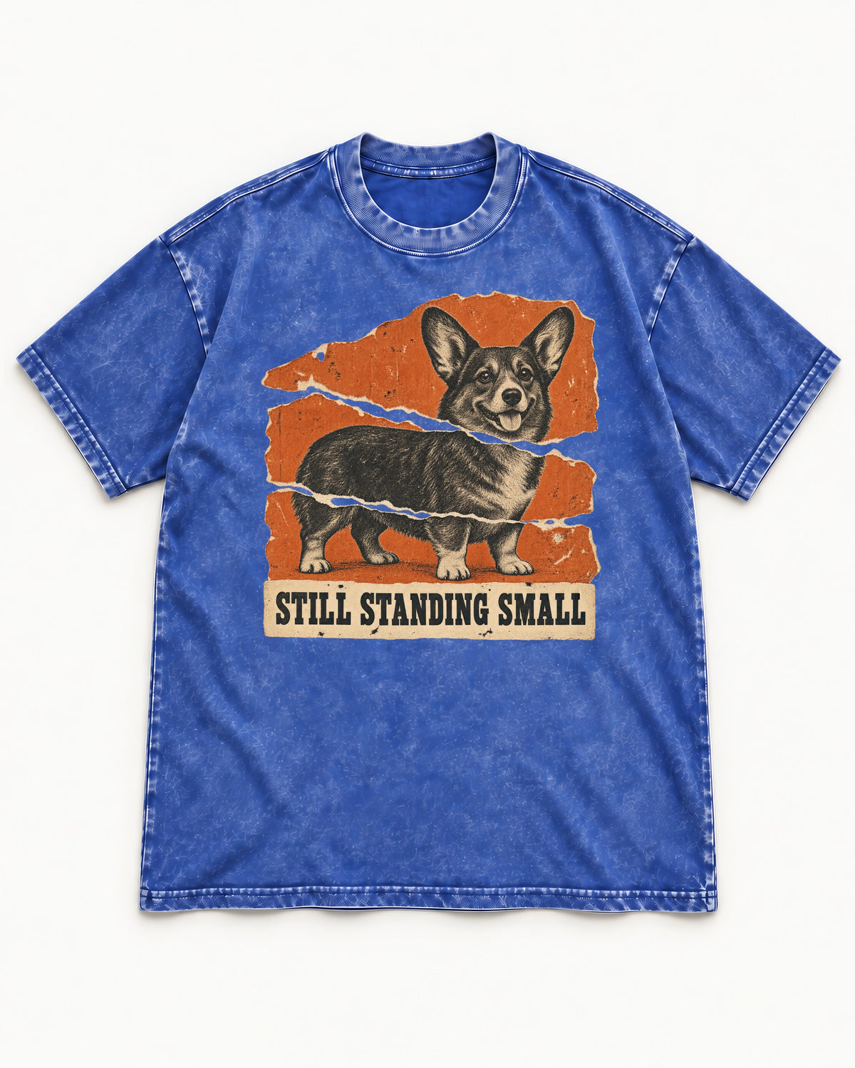 Corgi Still Standing Small Torn Poster Washed Tee in Royal Blue, flat lay product photo