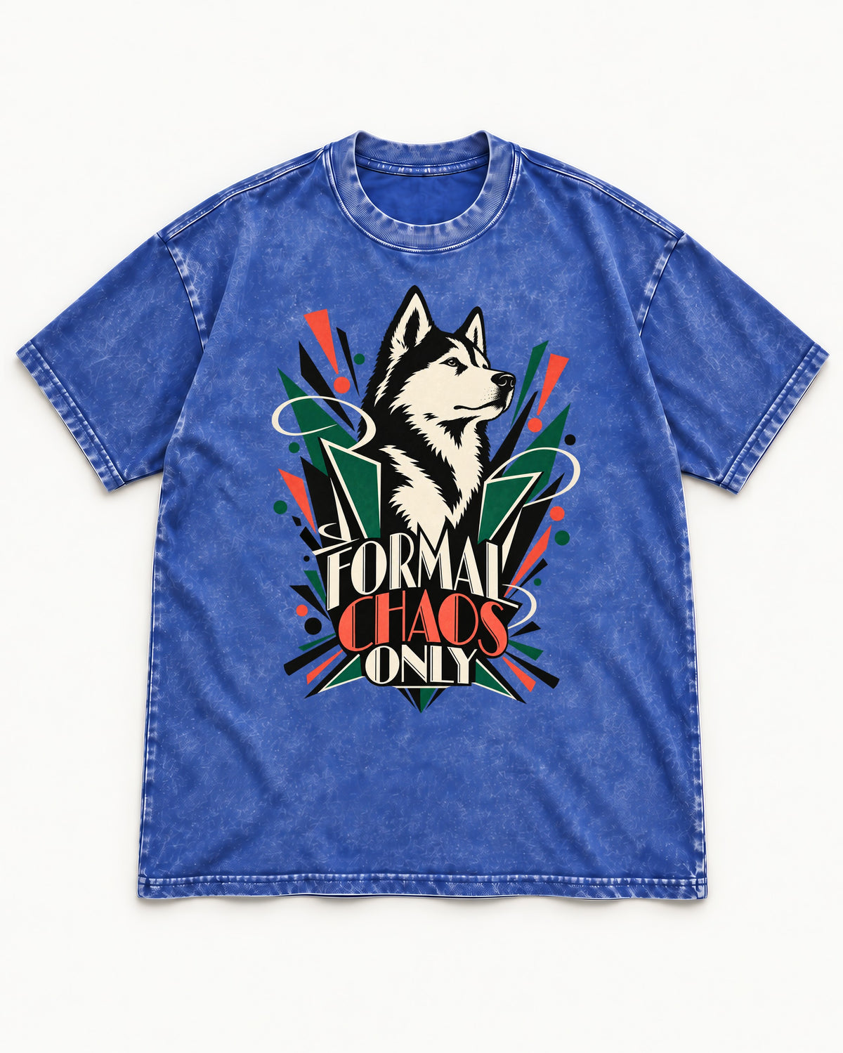 Husky Formal Chaos Only Art Deco Portrait Graphic Washed Tee in Royal Blue, flat lay product photo