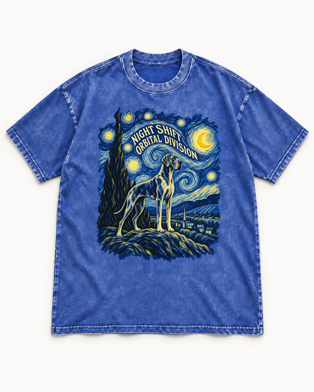 Great Dane Night Shift Orbital Division Starry Sky Graphic Washed Tee in Royal Blue, flat lay product photo