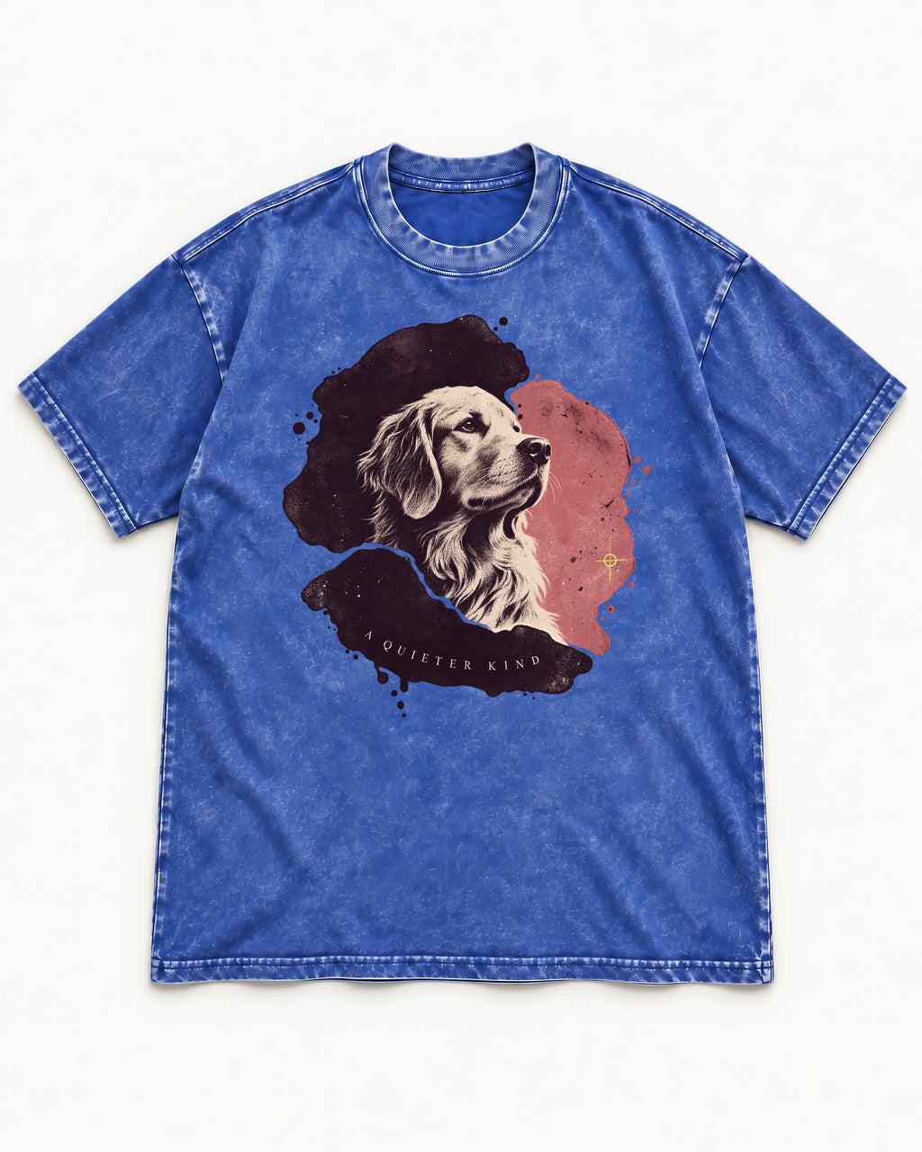 Golden Retriever A Quieter Kind Ink Wash Portrait Graphic Washed Tee in Royal Blue, flat lay product photo