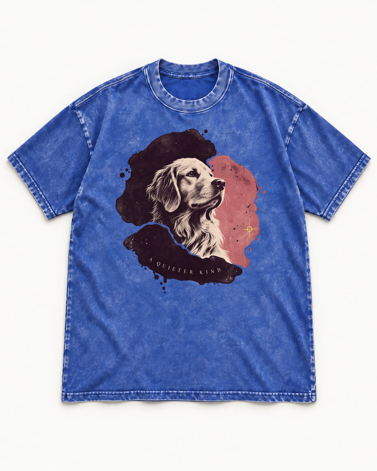 Golden Retriever A Quieter Kind Ink Wash Portrait Graphic Washed Tee in Royal Blue, flat lay product photo