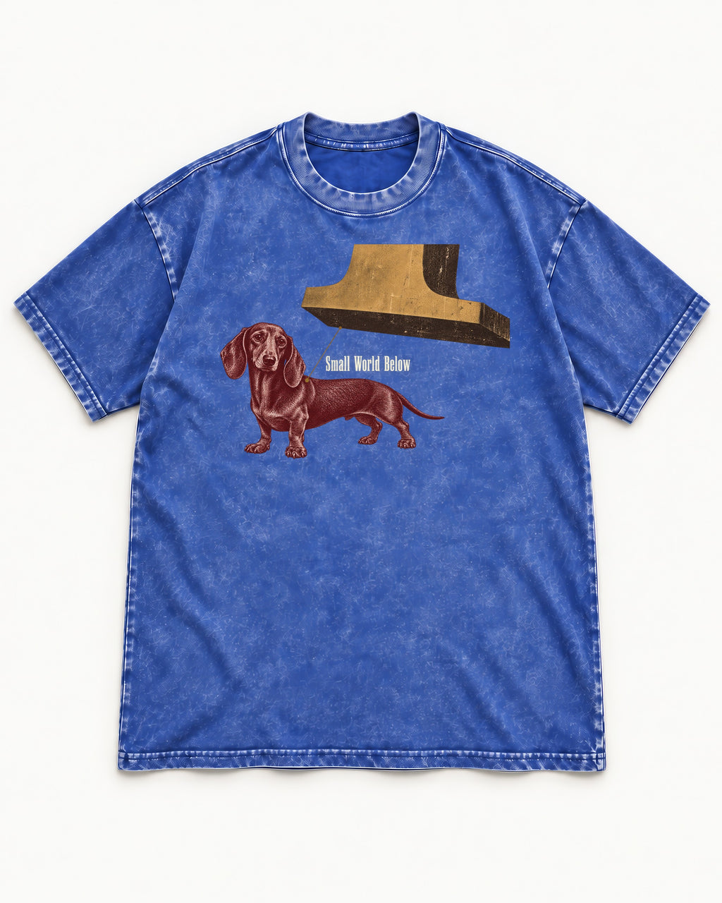 Dachshund Small World Below Giant Shoe Graphic Washed Tee in Royal Blue, flat lay product photo