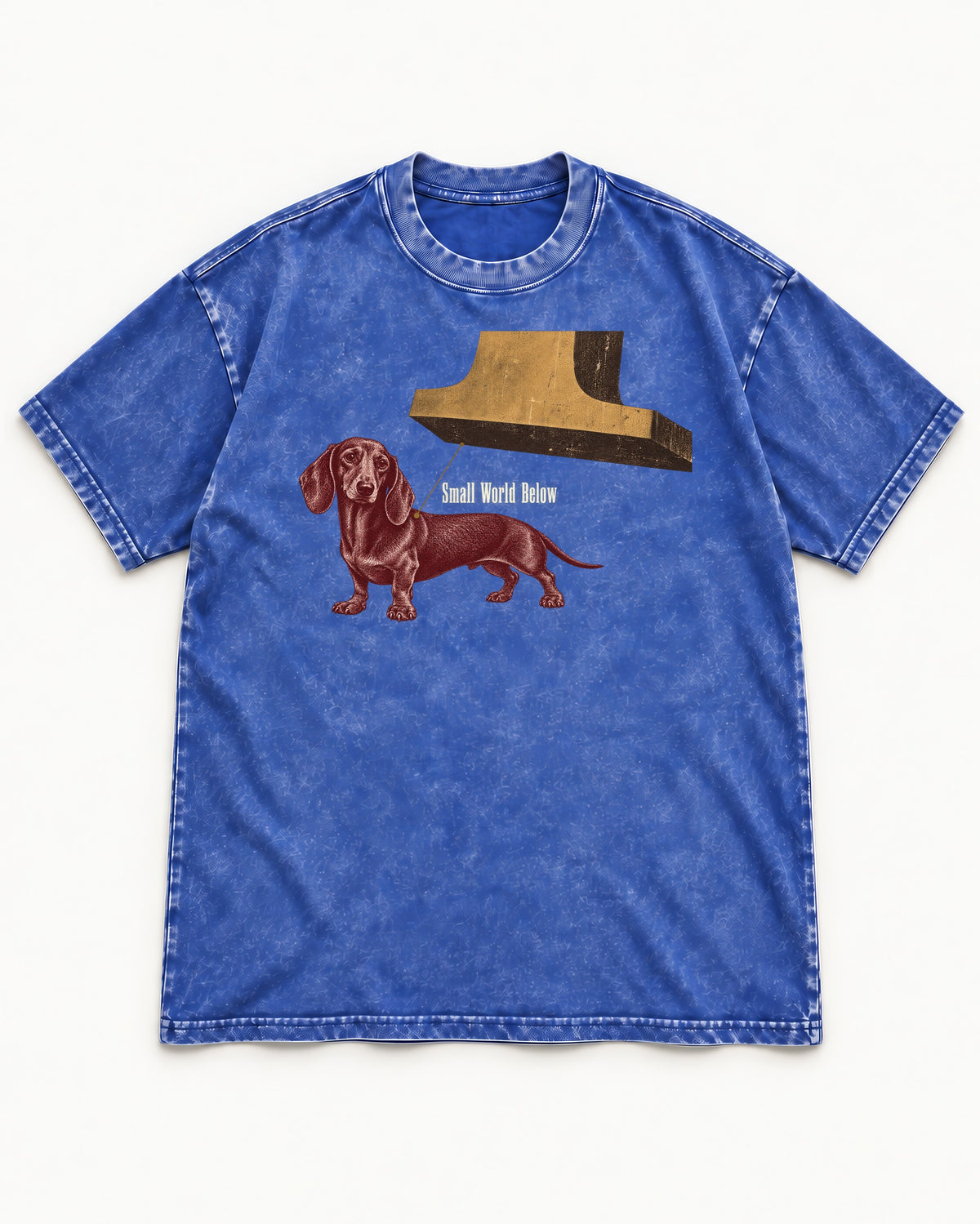 Dachshund Small World Below Giant Shoe Graphic Washed Tee in Royal Blue, flat lay product photo