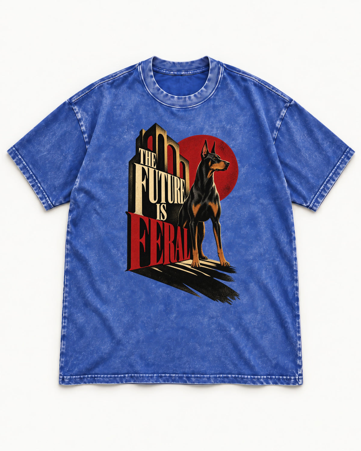 Doberman The Future Is Feral Art Deco Graphic Washed Tee in Royal Blue, flat lay product photo