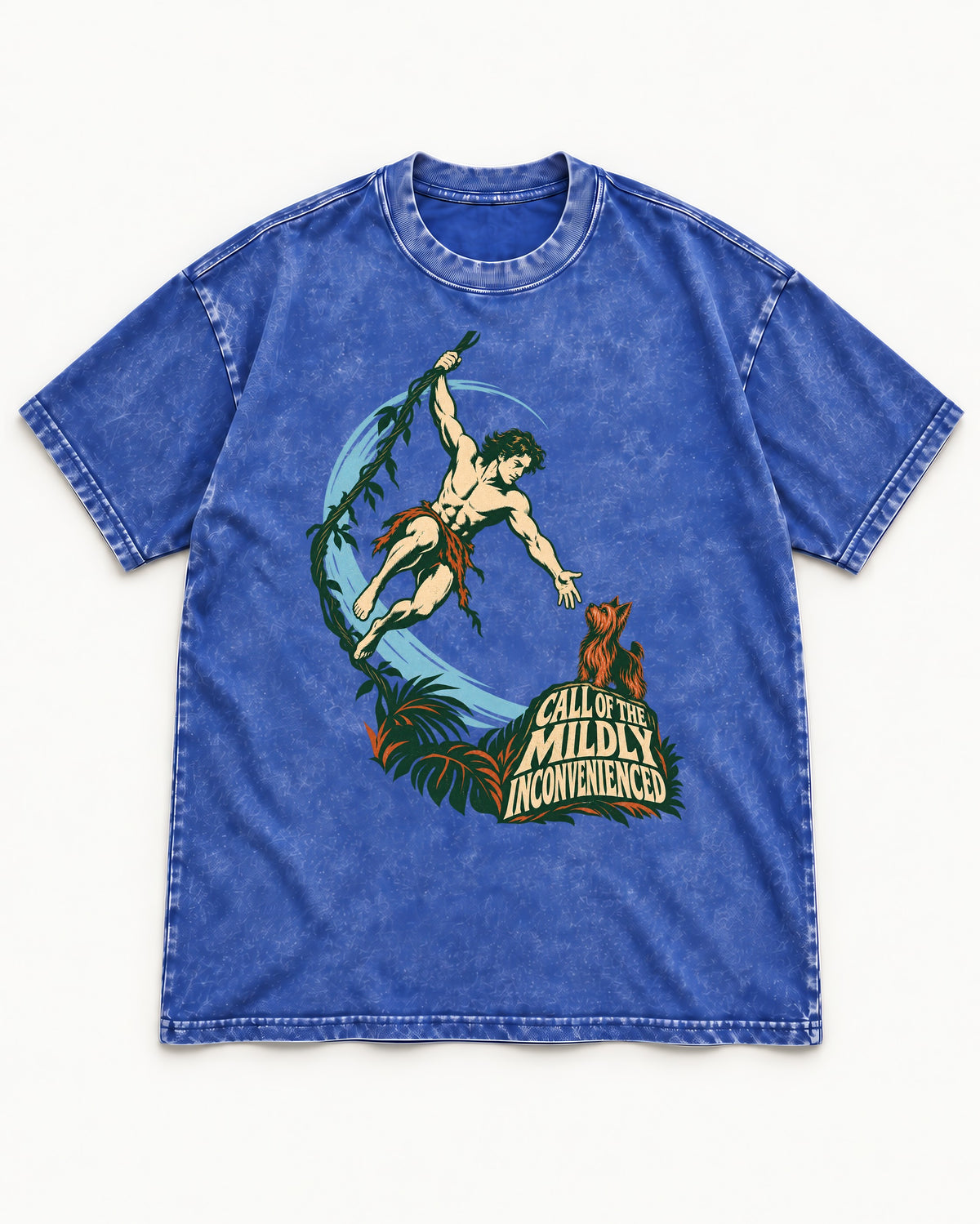 Yorkshire Terrier Call of the Mildly Inconvenienced Vine Swing Graphic Washed Tee in Royal Blue, flat lay product photo