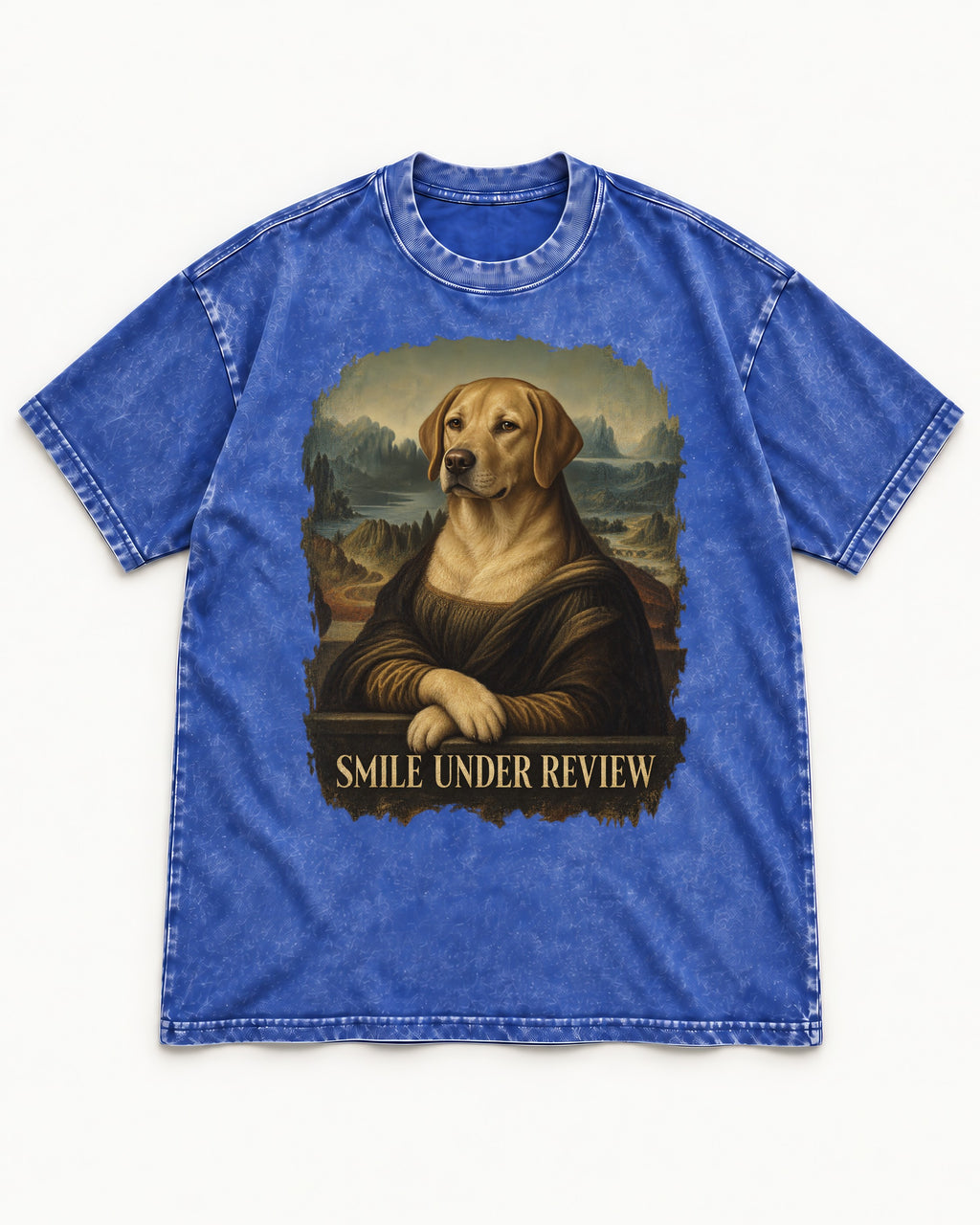 Labrador Retriever Smile Under Review Mona Lisa Graphic Washed Tee in Royal Blue, flat lay product photo