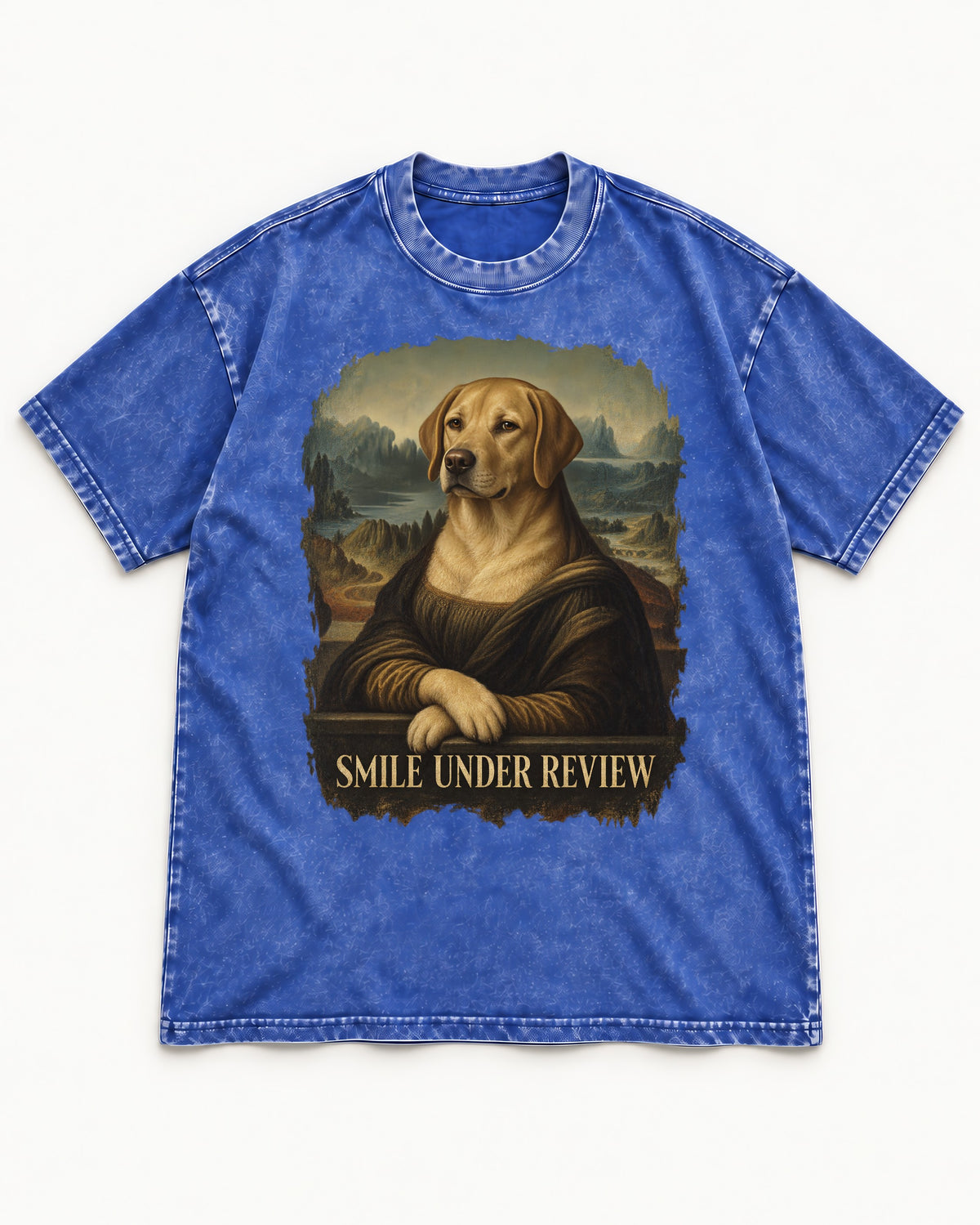 Labrador Retriever Smile Under Review Mona Lisa Graphic Washed Tee in Royal Blue, flat lay product photo