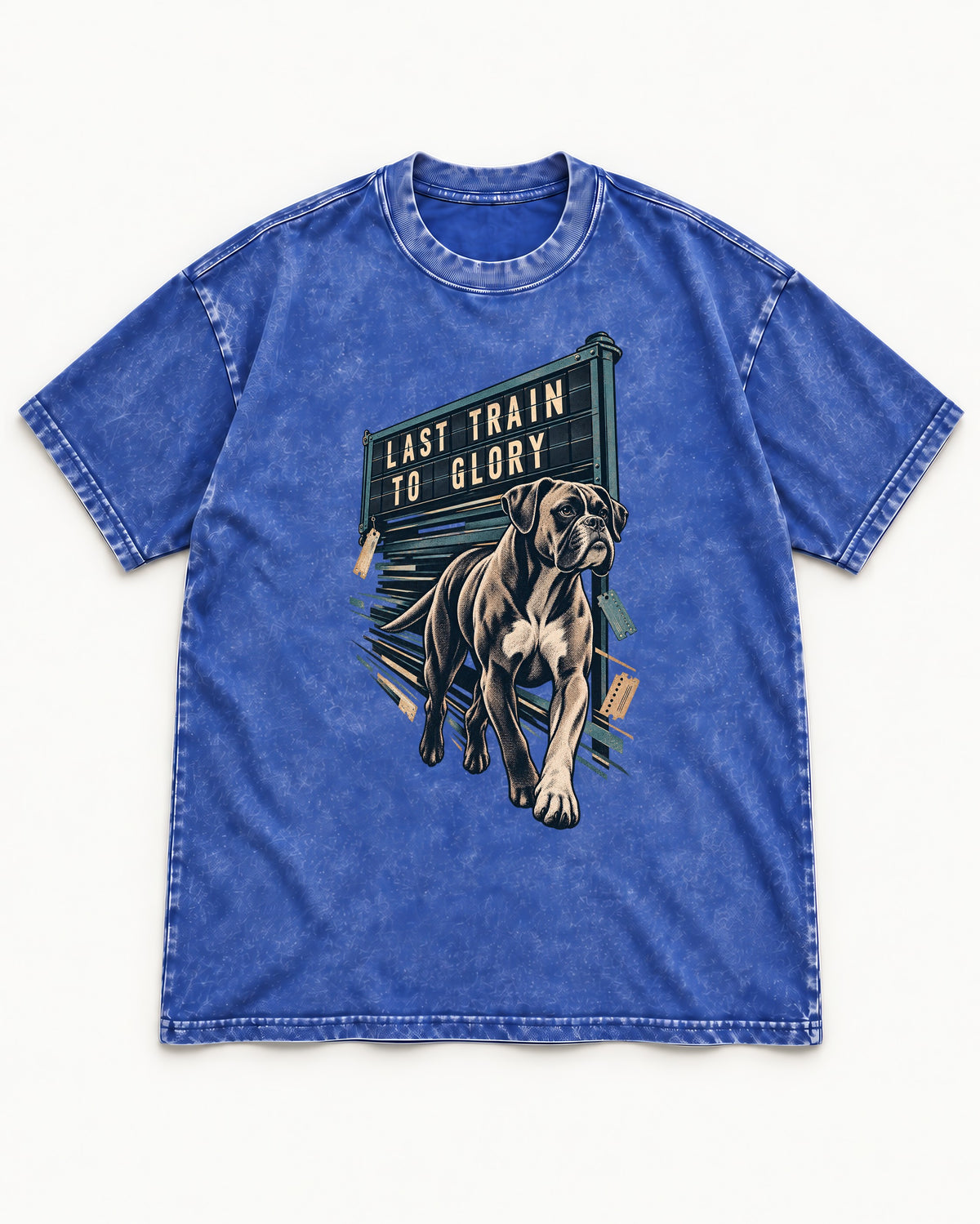 Last Train to Glory Boxer Washed Tee in Royal Blue, flat lay product photo