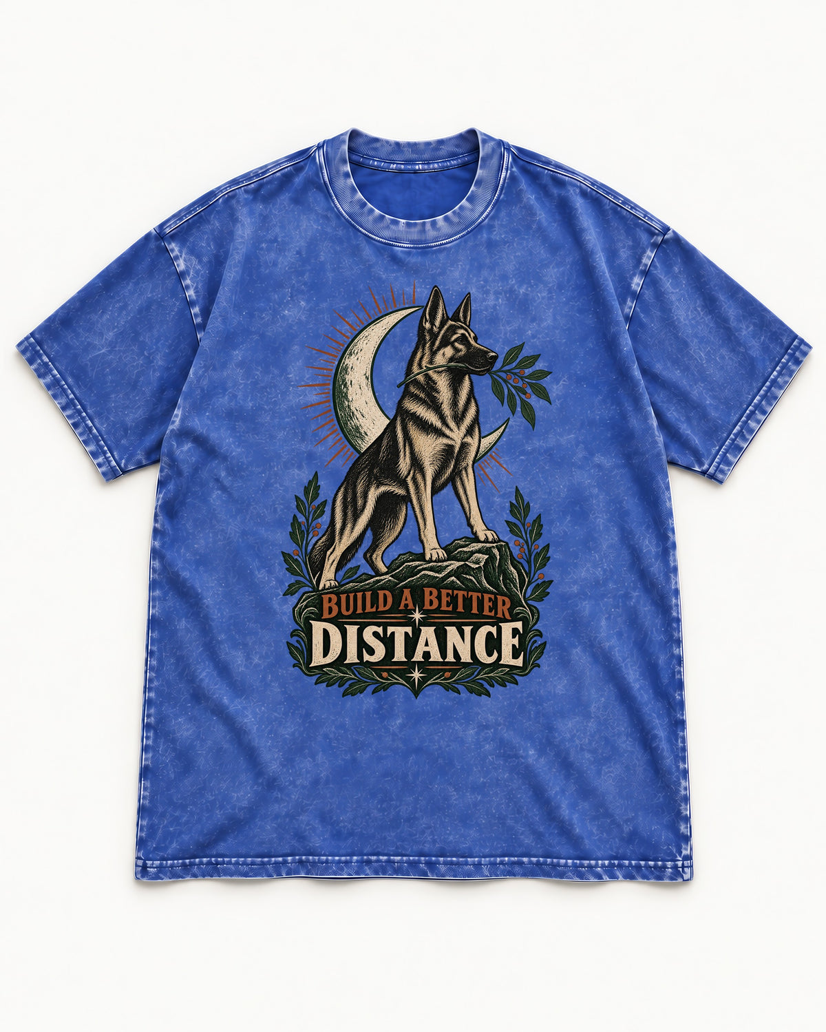 Build A Better Distance Moon Woodcut German Shepherd Dog Graphic Washed Tee in Royal Blue, flat lay product photo