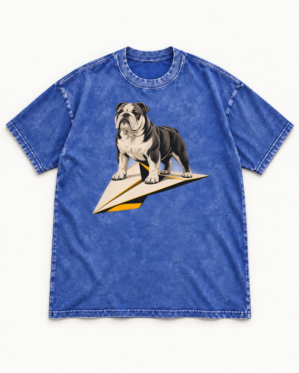 English Bulldog Paper Airplane Graphic Washed Tee in Royal Blue, flat lay product photo