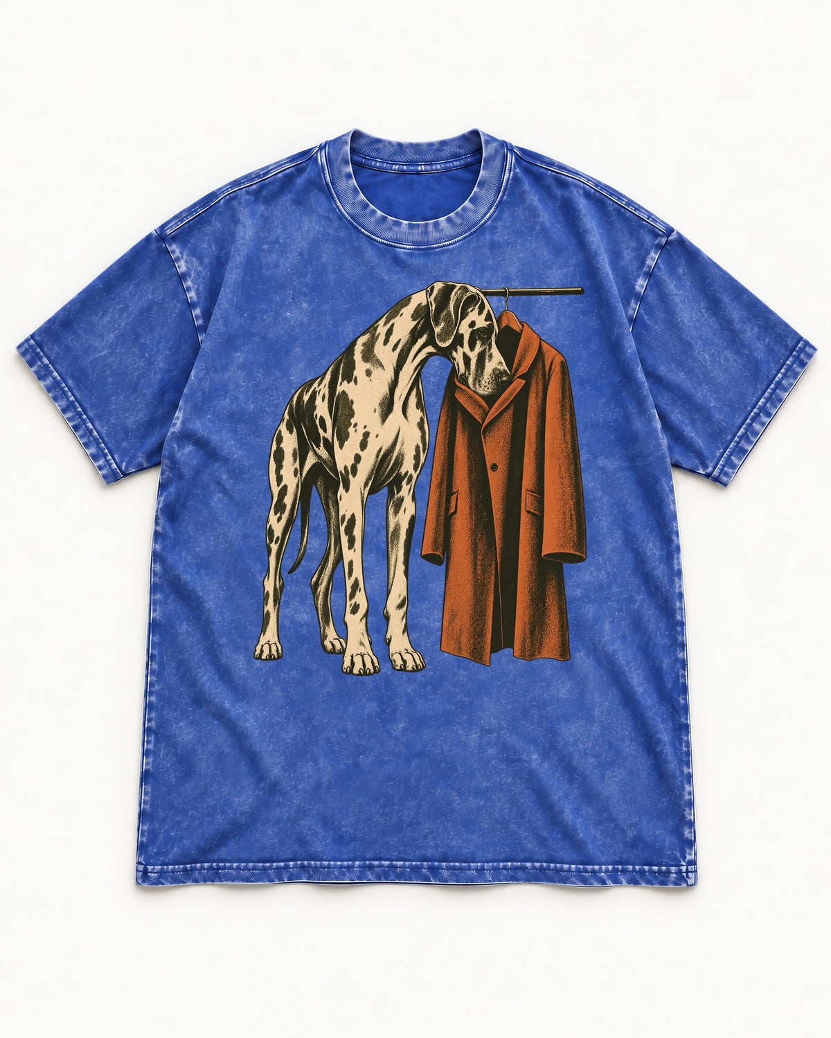 Great Dane Harlequin Coat Rack Overcoat Graphic Washed Tee in Royal Blue, flat lay product photo