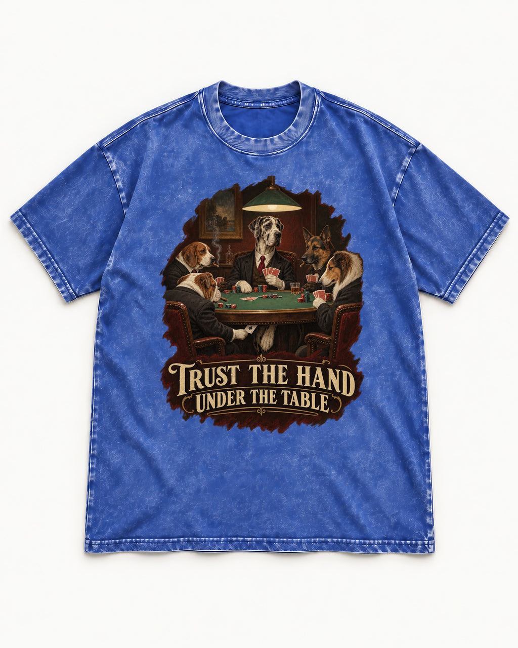 Great Dane Trust the Hand Under the Table Poker Graphic Washed Tee in Royal Blue, flat lay product photo