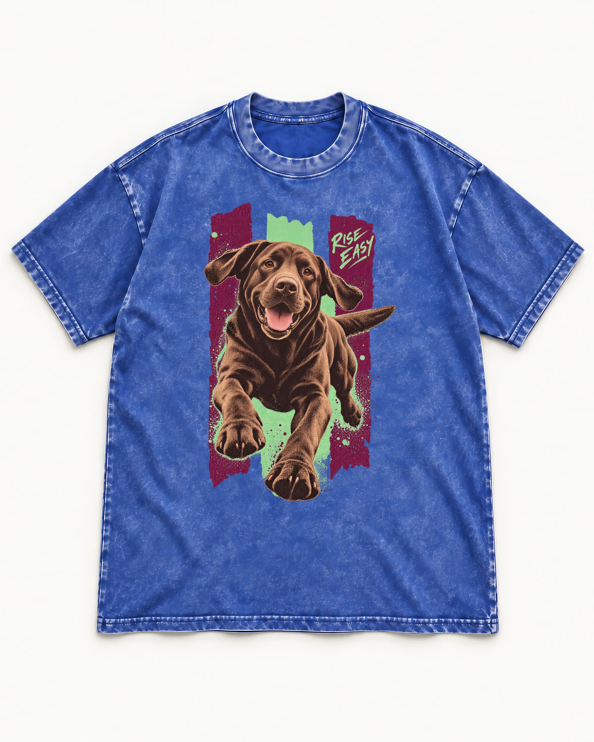 Labrador Retriever Rise Easy Running Chocolate Lab Graphic Washed Tee in Royal Blue, flat lay product photo