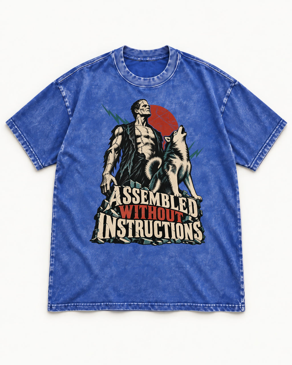 Husky Assembled Without Instructions Frankenstein Graphic Washed Tee in Royal Blue, flat lay product photo