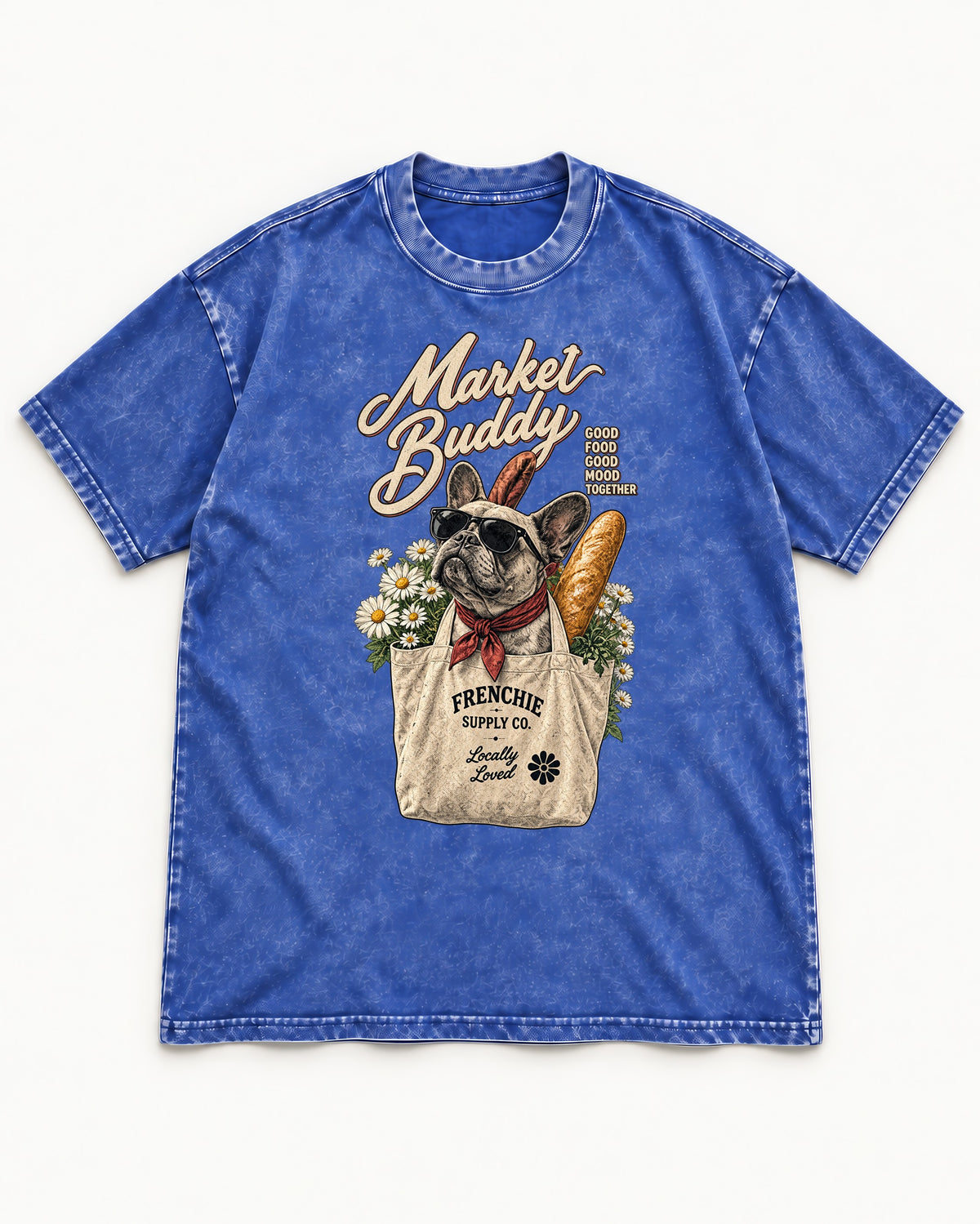 Frenchie Market Buddy Grocery Tote Graphic Washed Tee in Royal Blue, flat lay product photo